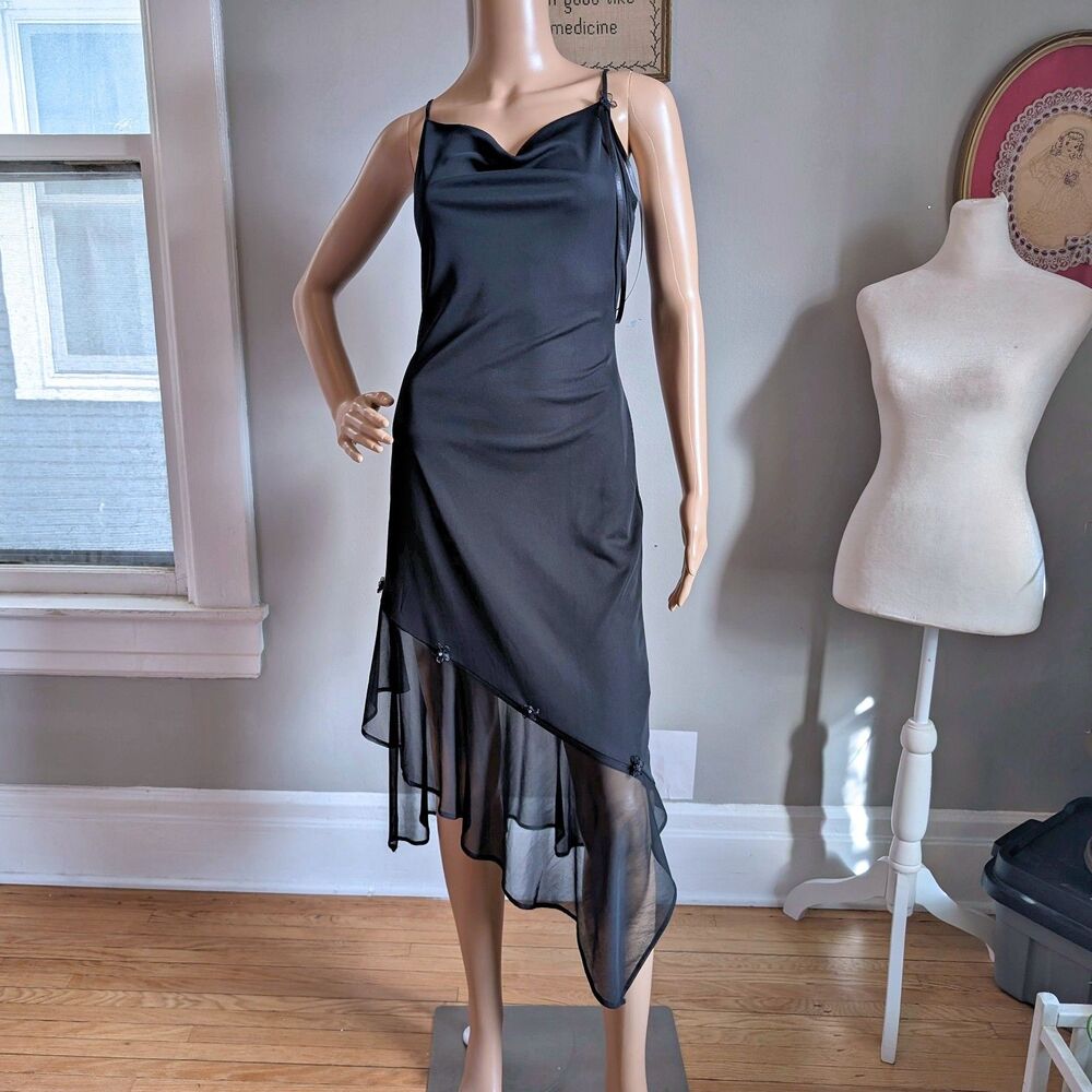 Vintage 90s Y2K Wet Seal Midi Dress Fairycore Asymmetrical Cowl Flower Size M